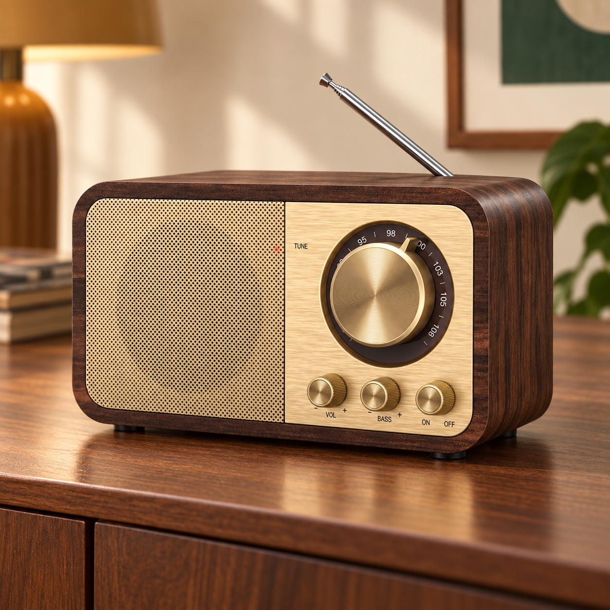 The Carew compact radio with a dark walnut-look cabinet, gold speaker grille, tuning dial, three control knobs, and telescoping antenna