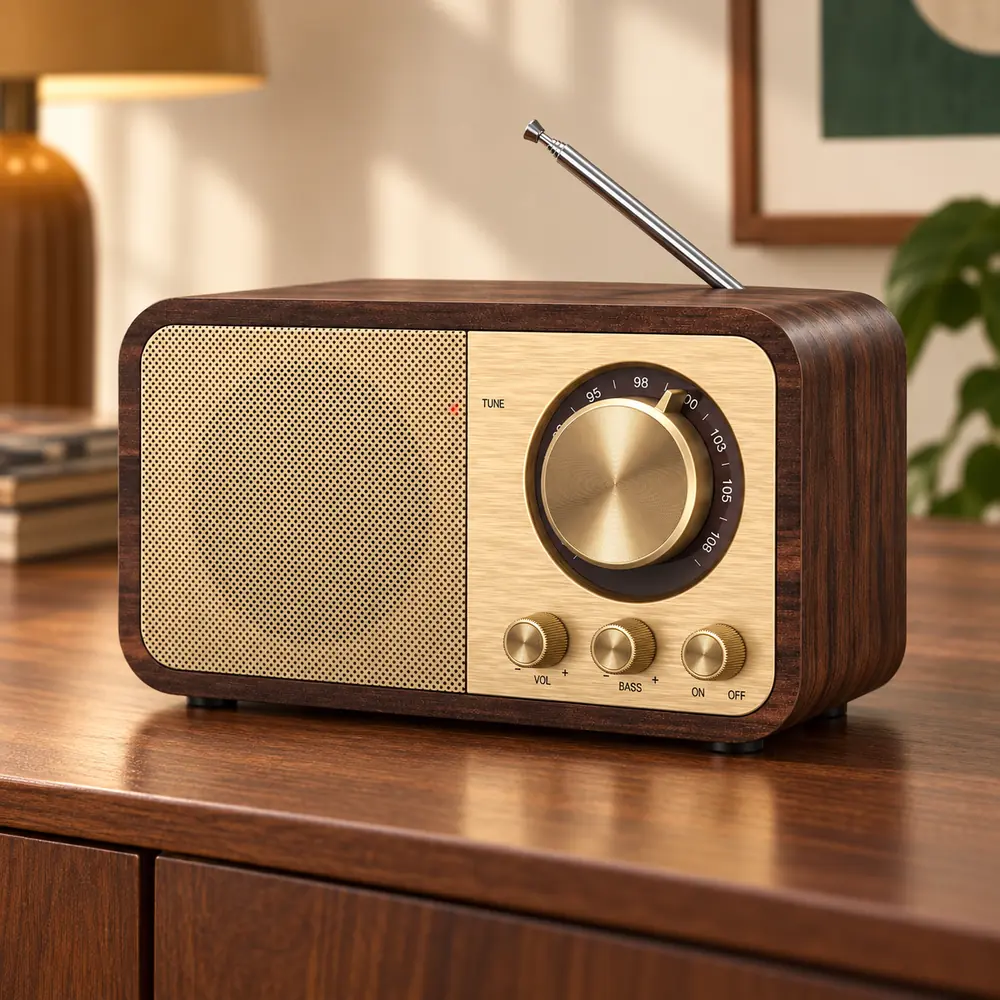 The Carew compact radio with a dark walnut-look cabinet, gold speaker grille, tuning dial, three control knobs, and telescoping antenna