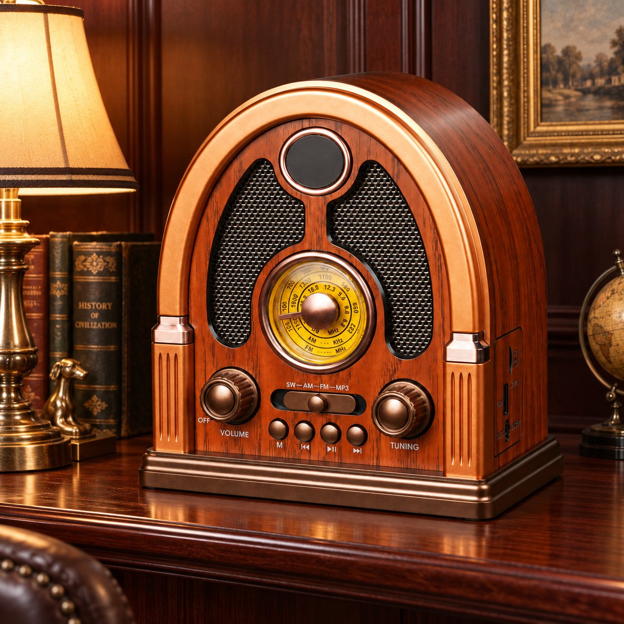 The Foxx 1930s-style cathedral radio displayed prominently on a polished mahogany shelf in a refined pre-war den