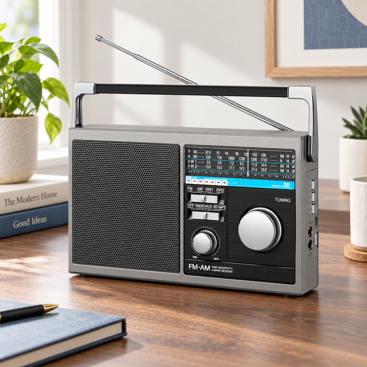 The Kaline classic silver transistor-style portable radio on a clean walnut desk