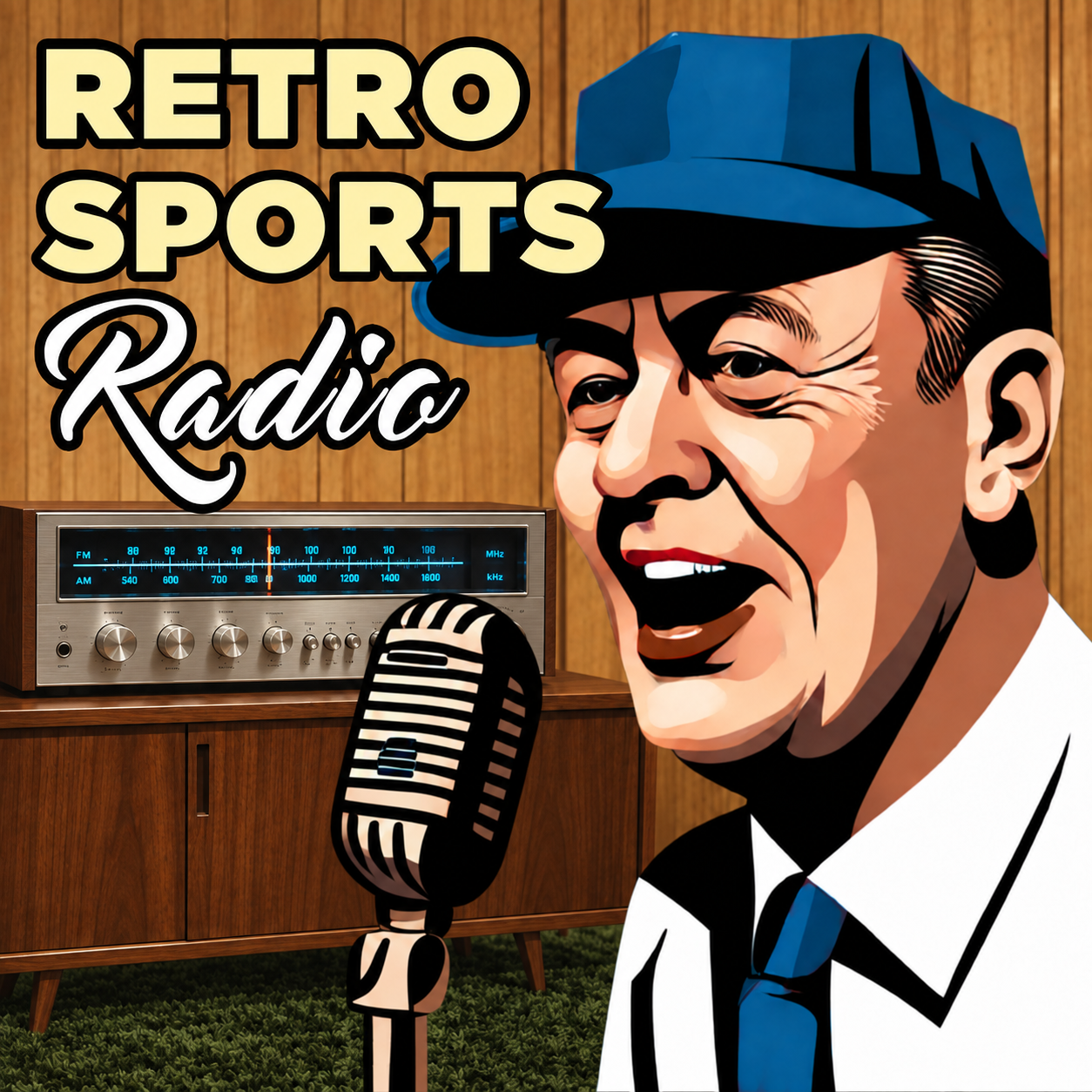 Retro Sports Radio podcast artwork featuring a classic announcer and a full-size silver 1970s receiver on a walnut cabinet above dark green shag carpet