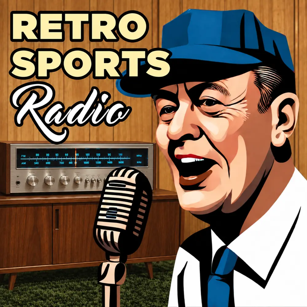 Retro Sports Radio podcast artwork featuring a classic announcer and a full-size silver 1970s receiver on a walnut cabinet above dark green shag carpet