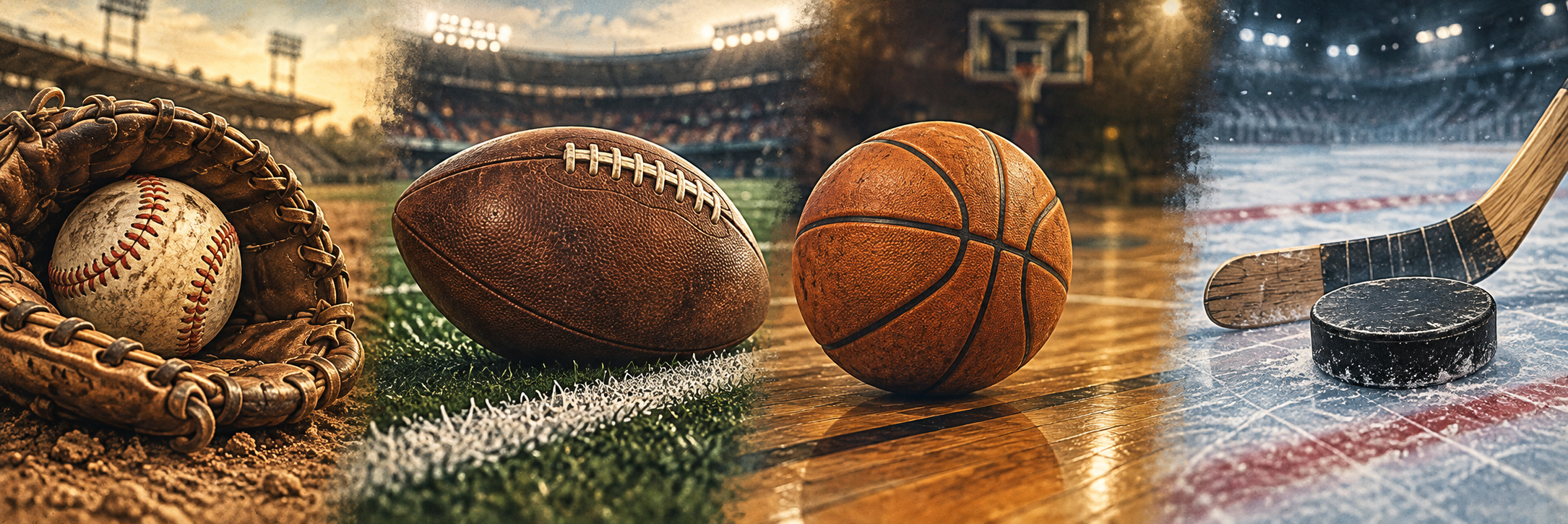 Vintage baseball, football, basketball, and hockey equipment arranged across four classic sports scenes